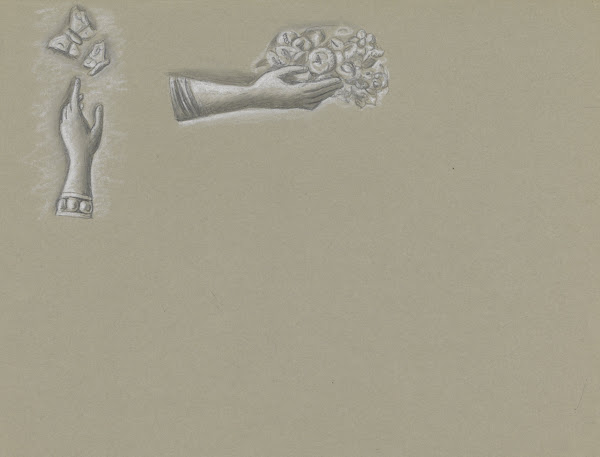 Ontwerp voor watermerk van bankbiljet een hand met bloemen een hand met vlinders