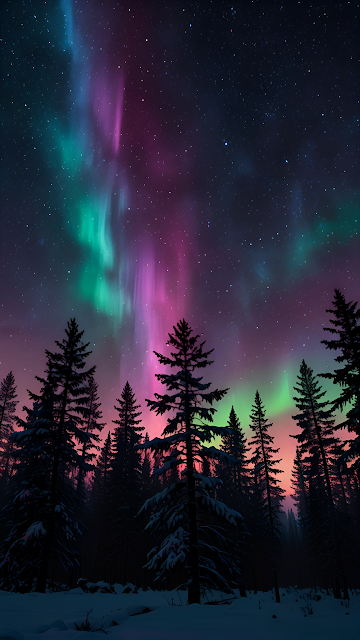 Aurora Borealis Over Snowy Pine Forest at Night - Free mobile Wallpaper