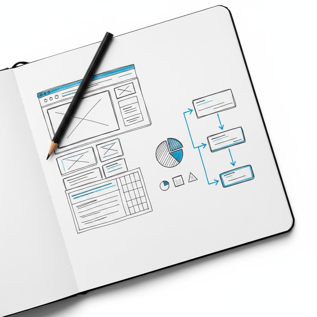 Close-up minimal tabletop with sketchbook showing a hand-drawn site wireframe and three-box flowchart in Agency VISIBLE brand tones #39383f and #1a5bfb, no text
