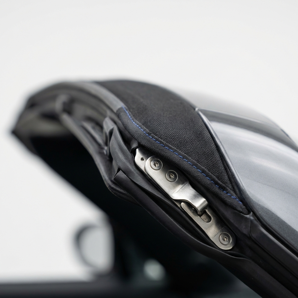Close up of well maintained soft top latch and seam on a miata showing fabric texture rubber seals and metal latch on a clean white background miata for sale