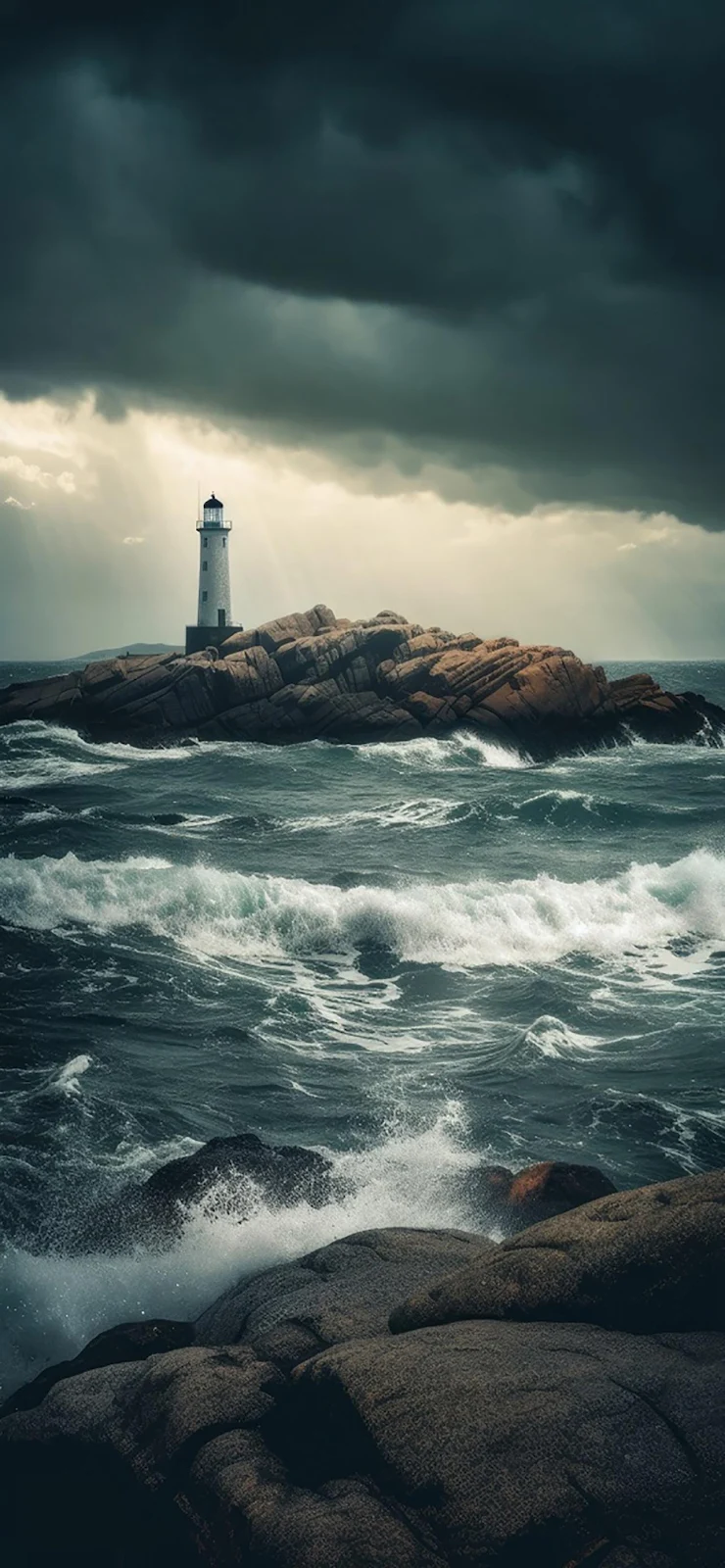 Lighthouse On Rocky Island - Cinematic Photography Full HD iPhone Wallpaper (1284x2778)
