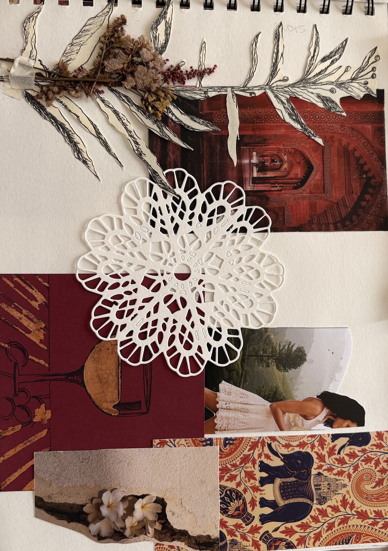 Sketchbook collage with architectural references, botanical drawing and material fragments