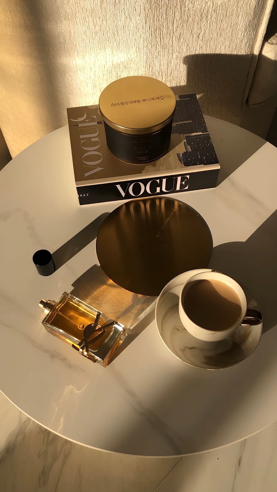 YSL Perfume on Marble Table - Lifestyle Photography Full HD iPhone Wallpaper (1286x2286)