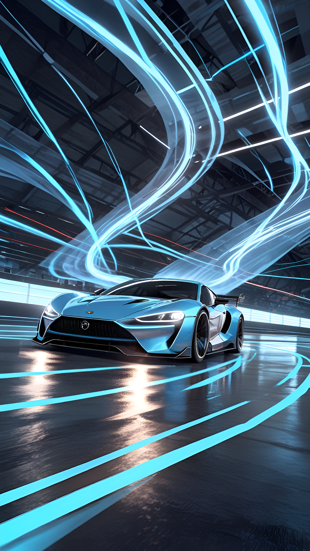 Sleek Blue Sports Car Racing Through Neon Light Trails, Futuristic Speed - Free 4K mobile Wallpaper
