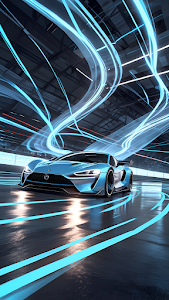 Sleek Blue Sports Car Racing Through Neon Light Trails, Futuristic Speed