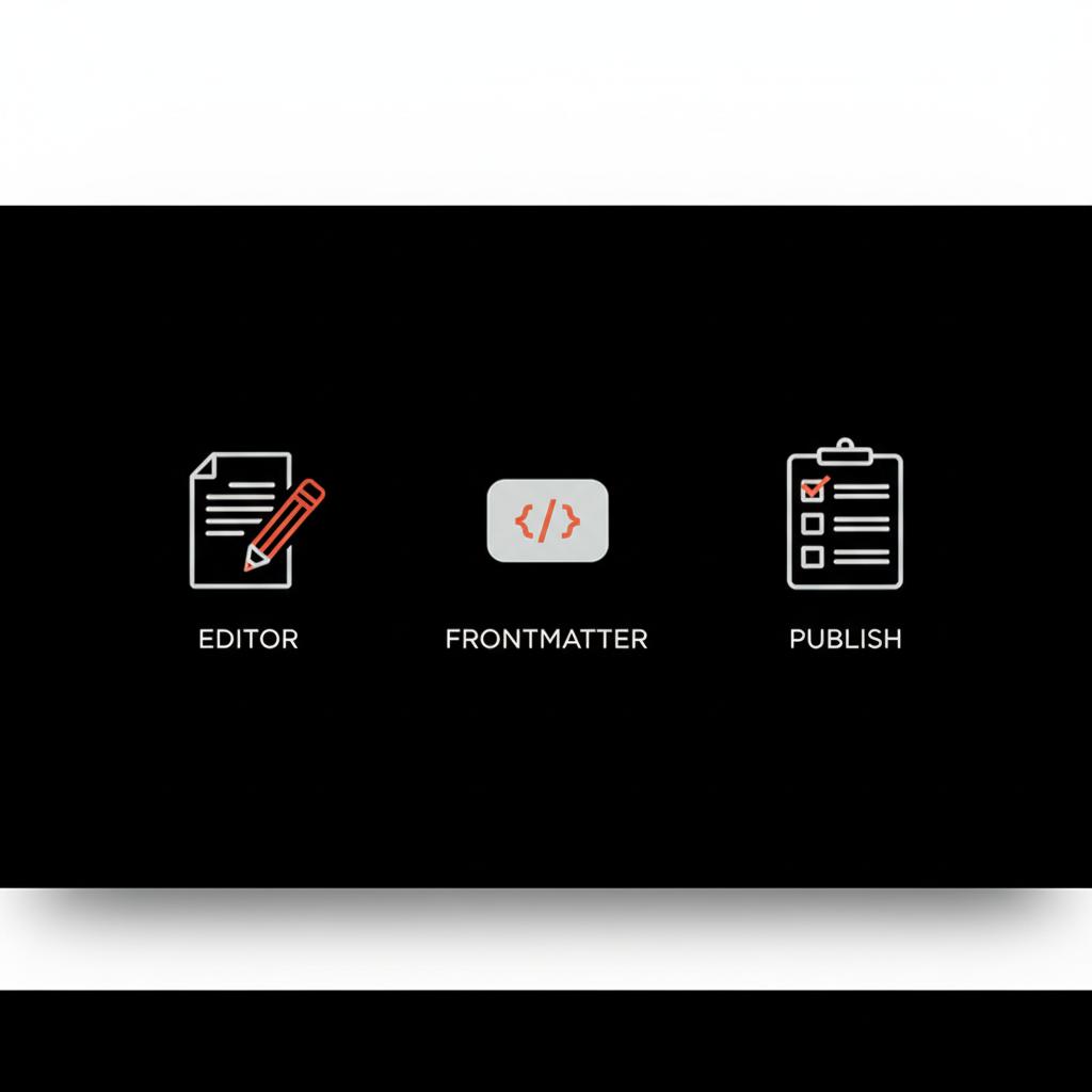 Minimal flat infographic on black background showing a pencil editing a document, a YAML frontmatter block, and a checkbox list labeled Editor, Frontmatter, Publish to create page in Wiki.js