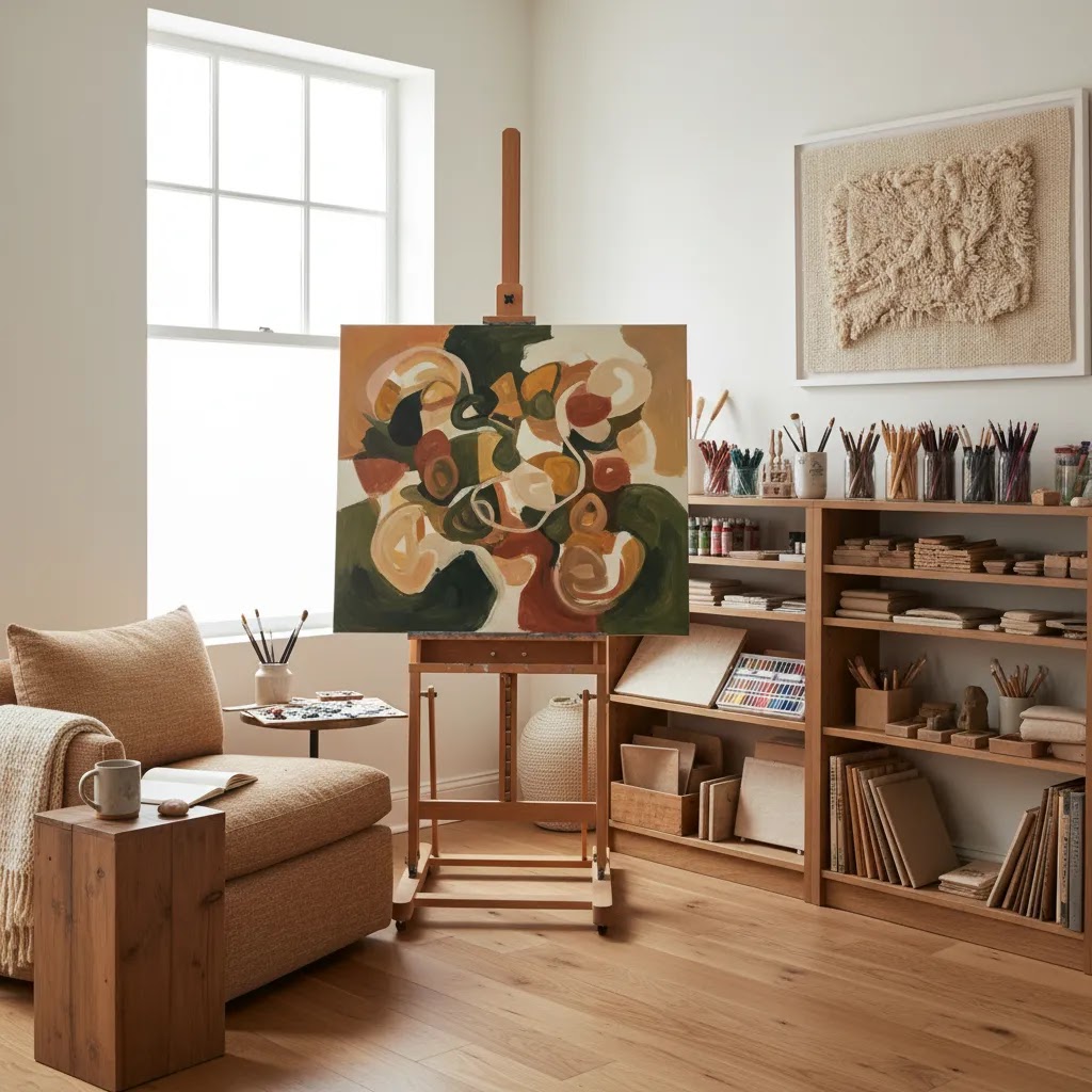 What is art therapy studio setting showing art therapy approaches with easel, art materials, and calm natural light