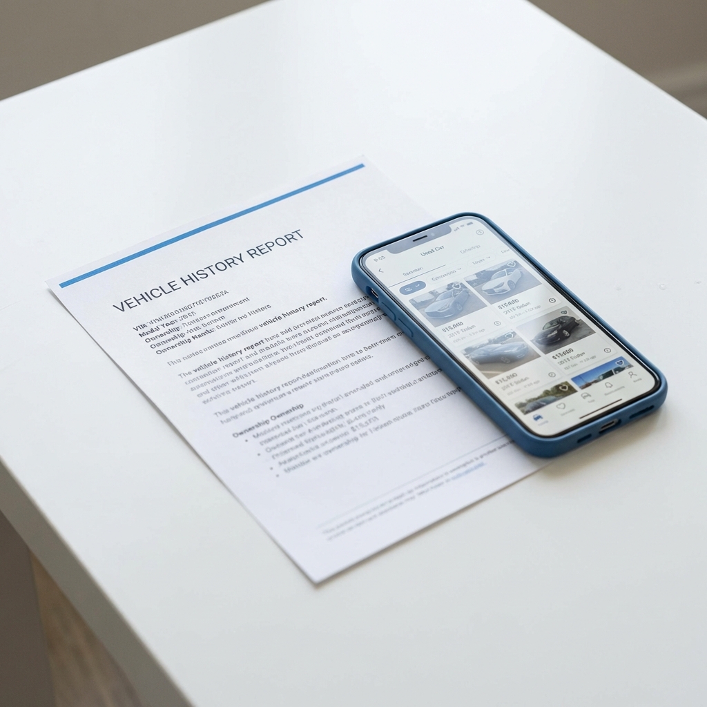 Close up of a printed vehicle history report beside a smartphone showing local used car listings illustrating the trade in car process with clean white background and blue brand accents