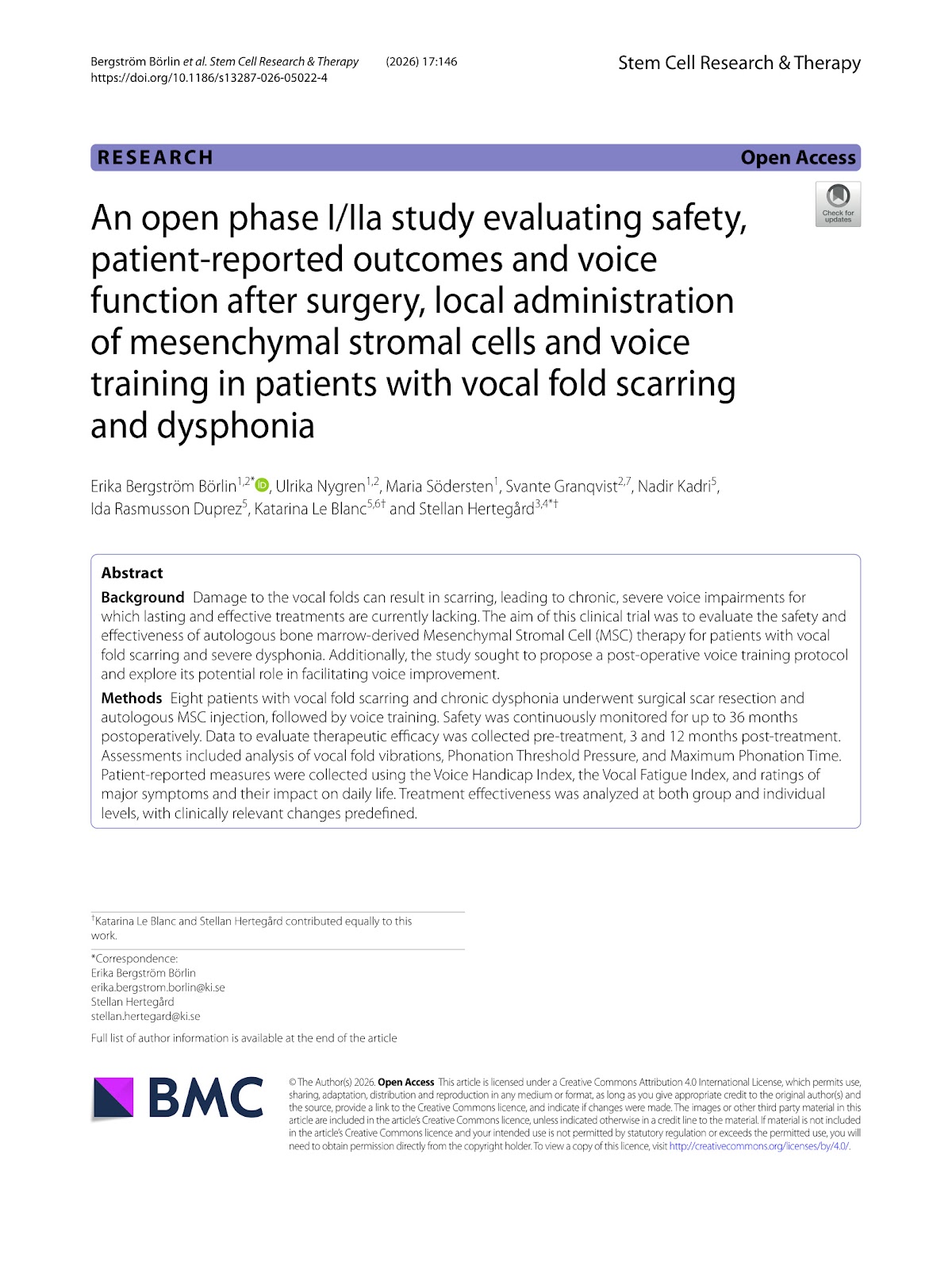 An open phase I/IIa study evaluating safety, patient-reported outcomes and voice function after surgery, local administration of mesenchymal stromal cells and voice training in patients with vocal fold scarring and dysphonia
