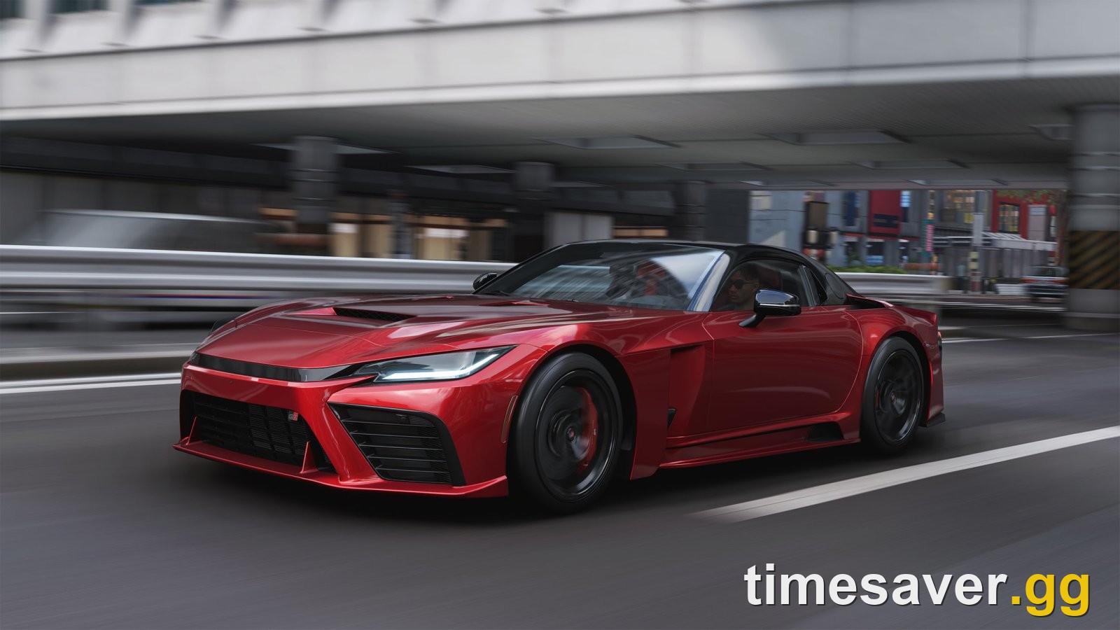 A sports car driving under an urban expressway overpass in Forza Horizon 6