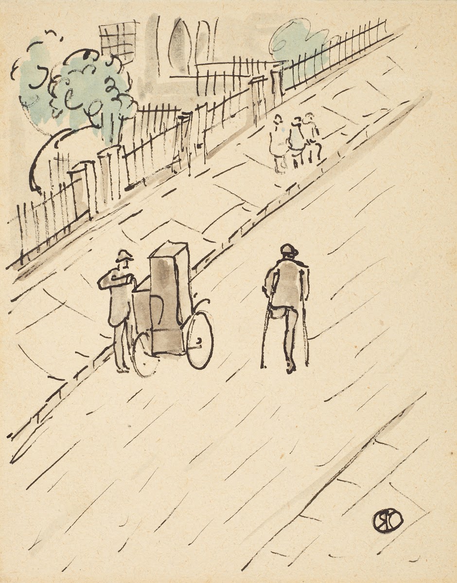 London street with organ grinder circa 1917