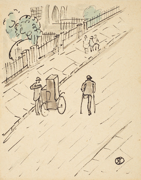 London street with organ grinder circa 1917