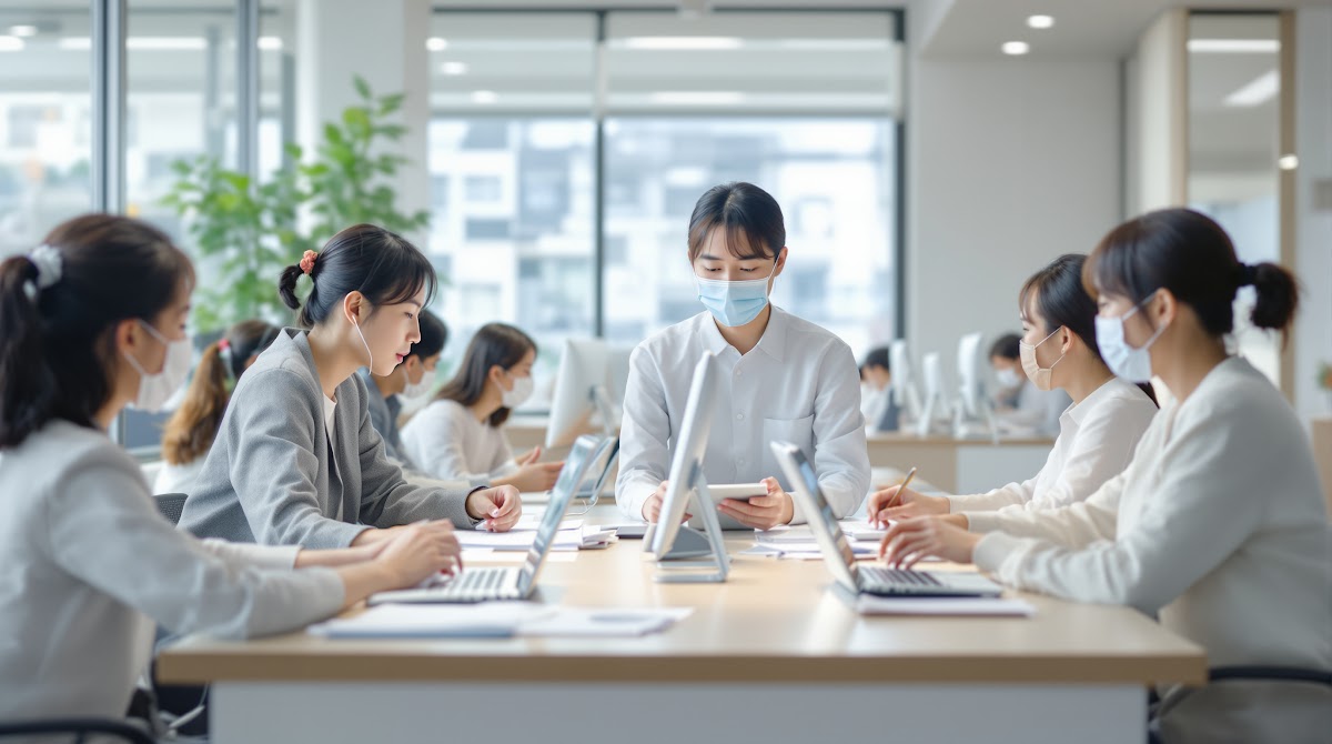 2025년 국가유공자 서류 준비 과정에서 온라인 시스템을 이용해 서류를 업로드하고, 맞춤형 안내를 받으며 담당자와 상담하는 실제 상황. 밝은 사무실 환경에서 다양한 연령대의 신청자가 서류를 준비하며, 모바일 인증과 진위 확인 절차를 함께 진행하는 모습.