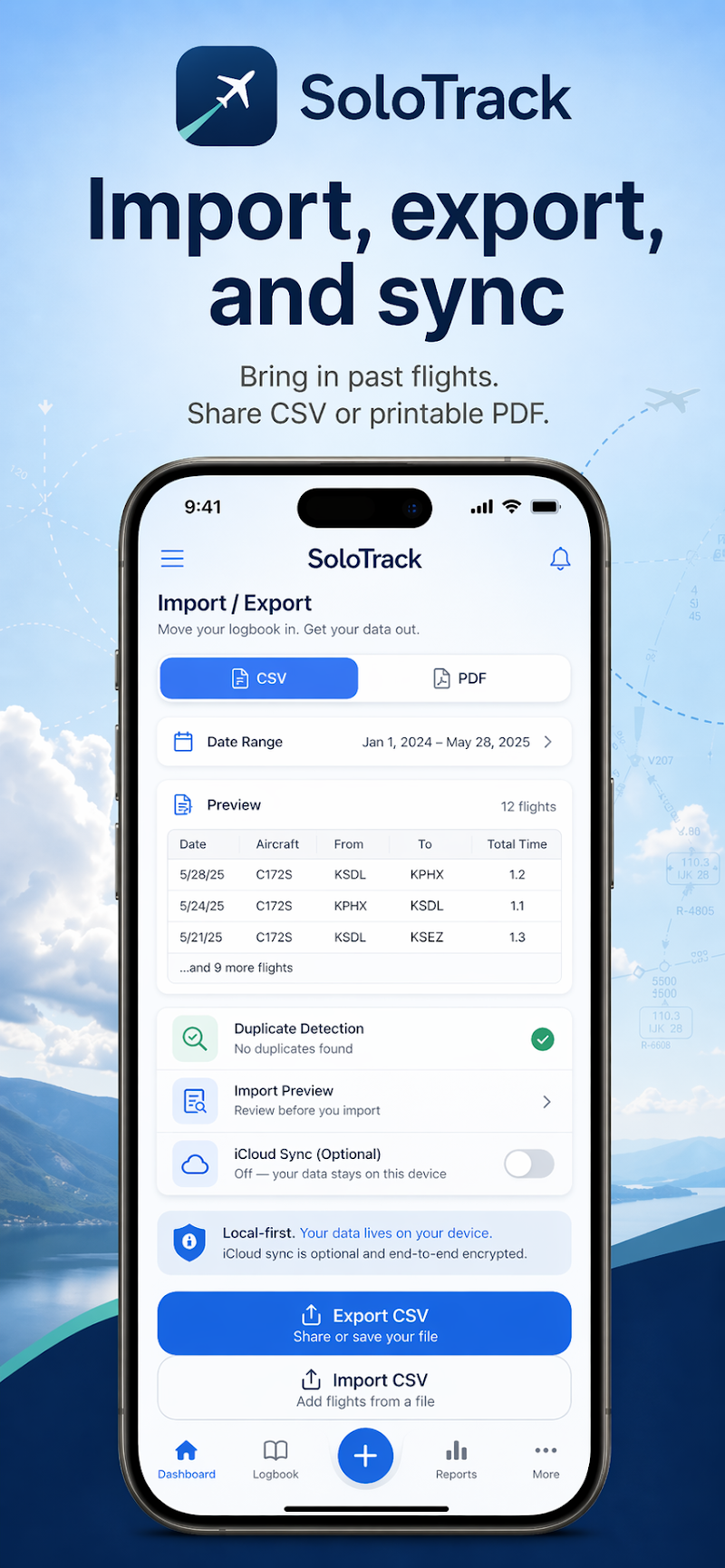 Import/Export screen with CSV and PDF export