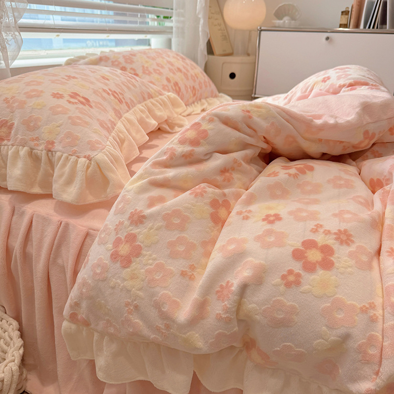 Milchfaser-Fleece Bettwäsche-Set, Blumenmuster, Winter