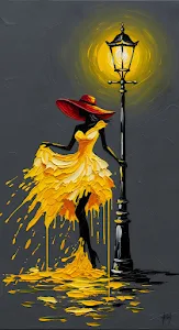 Palette Knife Painting Woman Yellow Dress Street Lamp