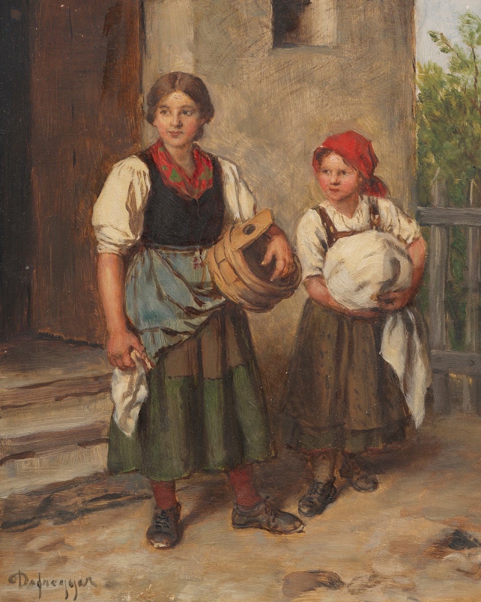 Bäuerin mit Dirndl vor dem Waschhaus 1900