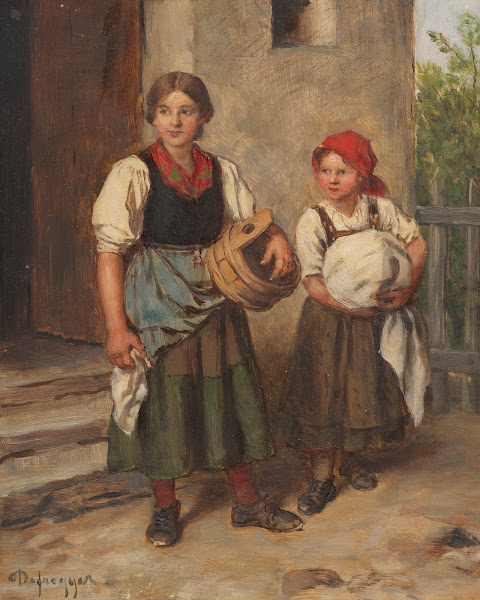 Bäuerin mit Dirndl vor dem Waschhaus 1900