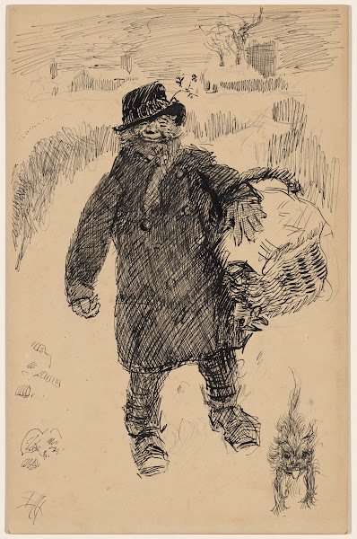 Man Walking in the Snow Carrying a Covered Basket Accompanied by a Small Terrier