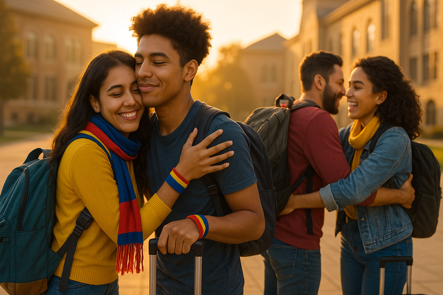 Jóvenes venezolanos en un campus internacional celebrando con mochilas y banderas.