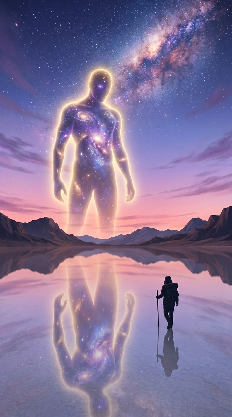 Lone Traveler on Mirrored Desert with Ethereal Cosmic Figure - Free 4K mobile Wallpaper