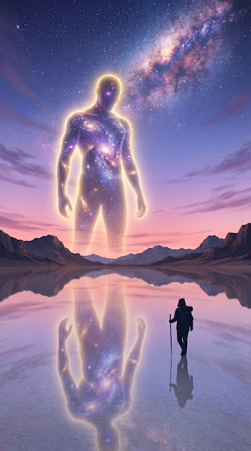 Lone Traveler on Mirrored Desert with Ethereal Cosmic Figure - Free mobile Wallpaper
