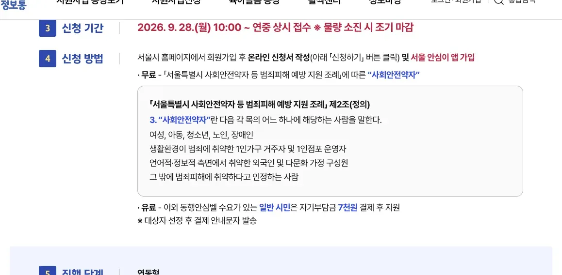 서울특별시 누리집의 서울시 동행안심벨 신청 방법, 연중 상시 접수 물량 소진 시 마감 안내 화면