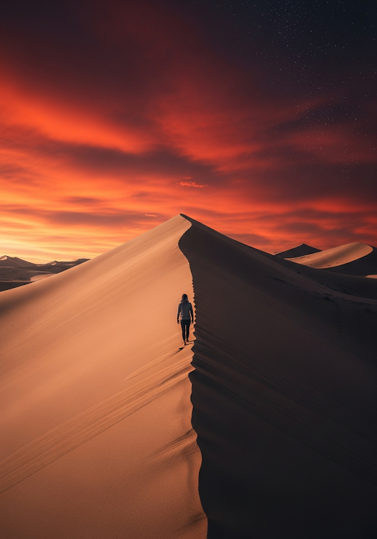 Solo Figure on Red Sky Desert Dune