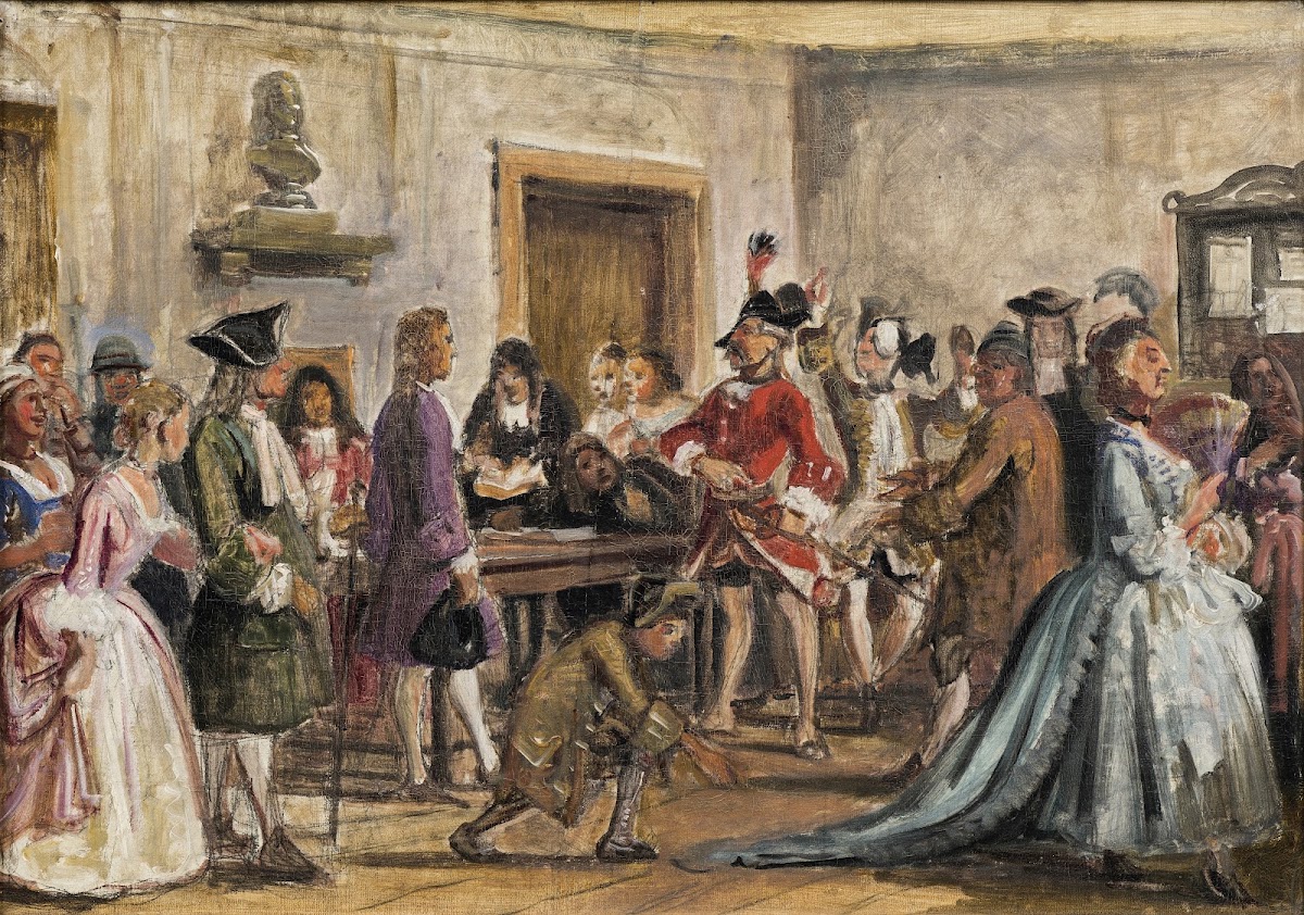 Philemon and his prosecutors Scene from Det lykkelige skibbrud by Holberg Act 5