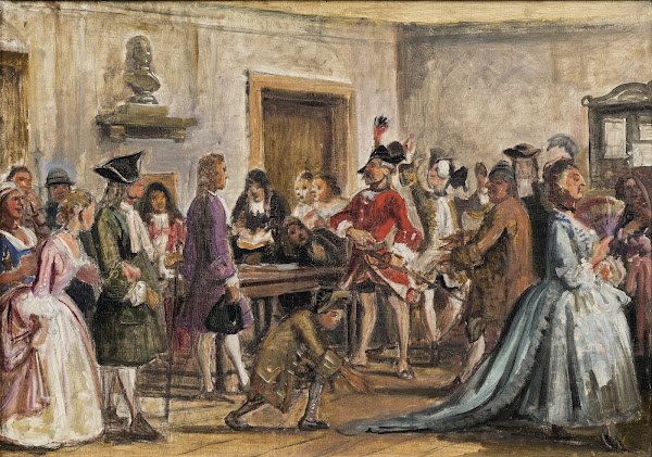 Philemon and his prosecutors Scene from Det lykkelige skibbrud by Holberg Act 5