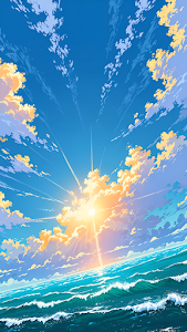 Dynamic Anime Ocean Sunrise Sky with Crashing Turquoise Waves