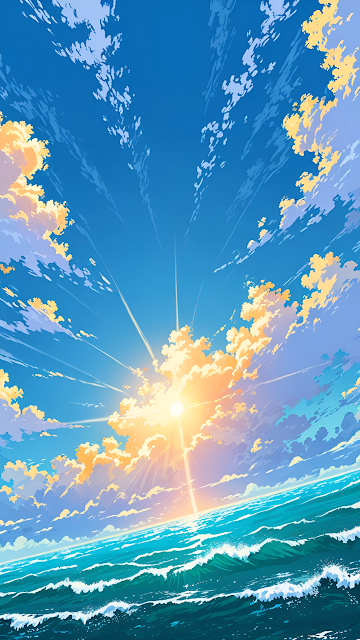 Dynamic Anime Ocean Sunrise Sky with Crashing Turquoise Waves - Free mobile Wallpaper