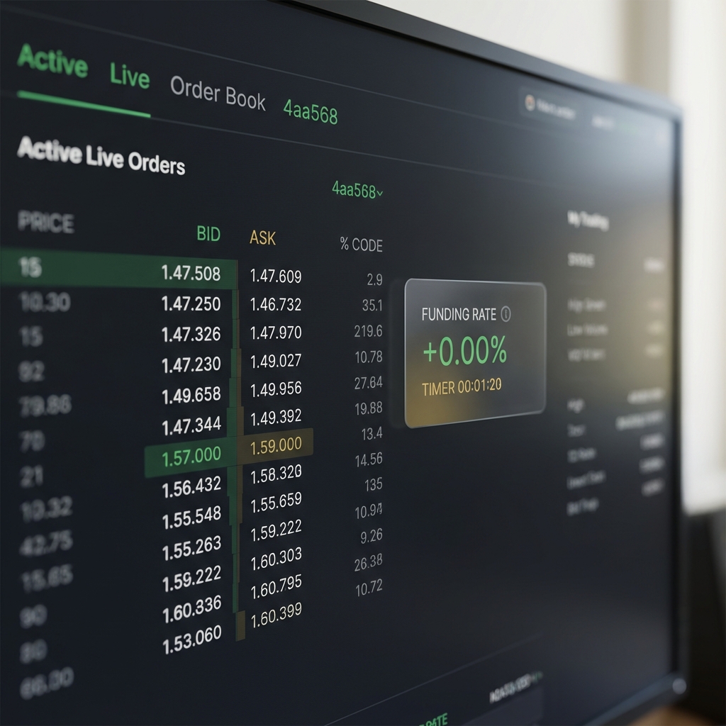Close up of a trader screen showing order books and a funding rate indicator in a minimalist interface for crypto futures trading on a dark charcoal background with green highlights