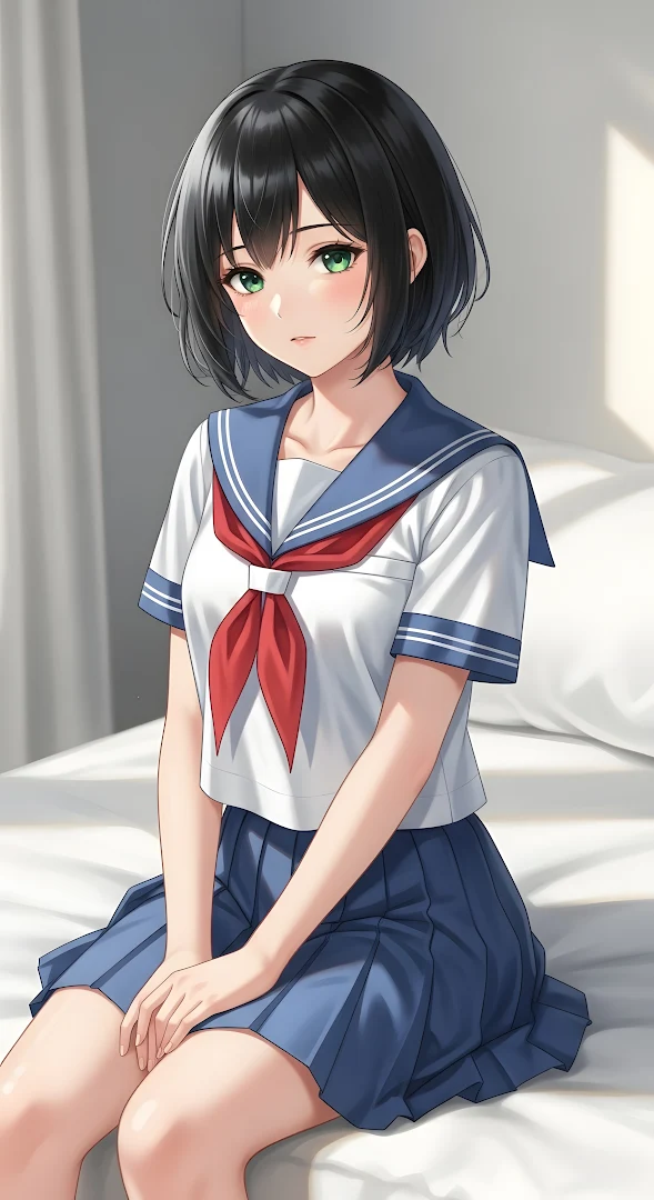 Anime Schoolgirl Sitting on Bed, Sailor Uniform Style