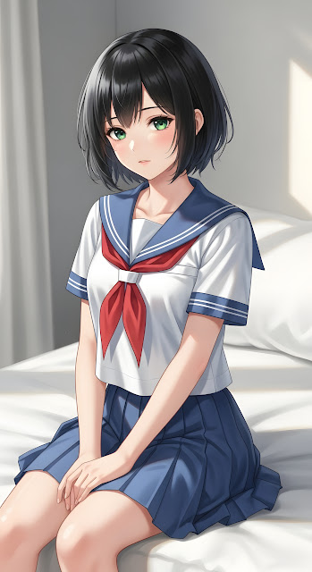 Anime Schoolgirl Sitting on Bed, Sailor Uniform Style - Free mobile Wallpaper