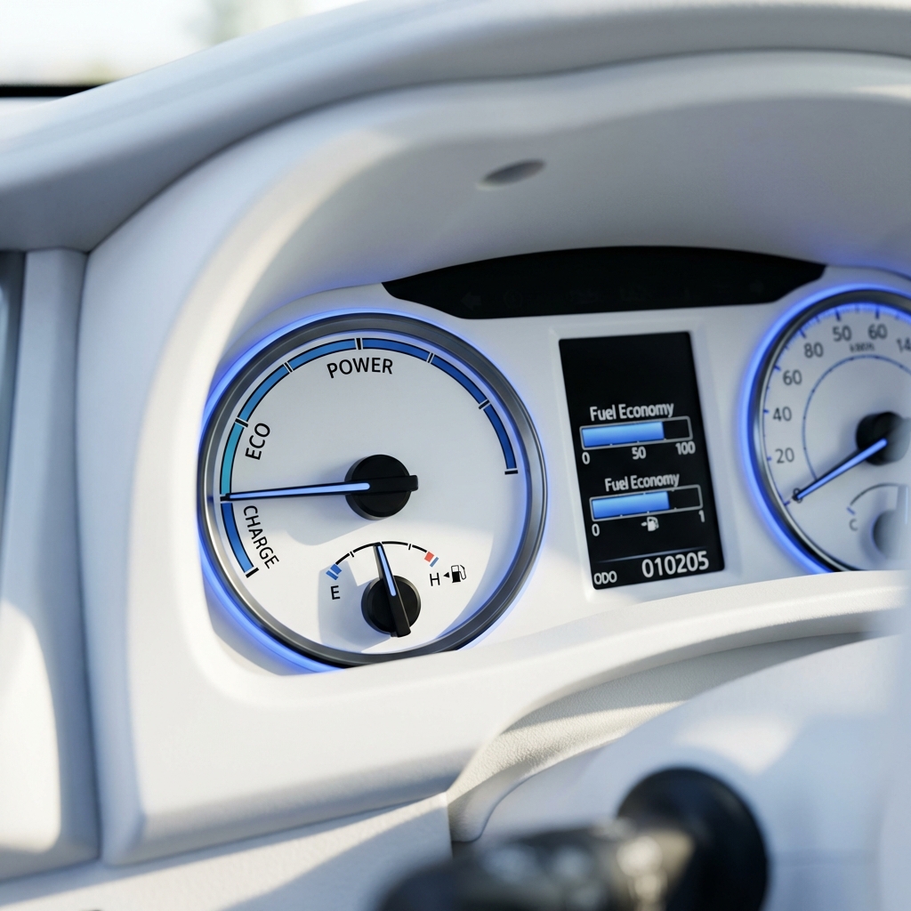 Close up of Toyota Highlander dashboard hybrid system indicator showing odometer and fuel economy display clean white background CarFax Deals used toyota highlander for sale