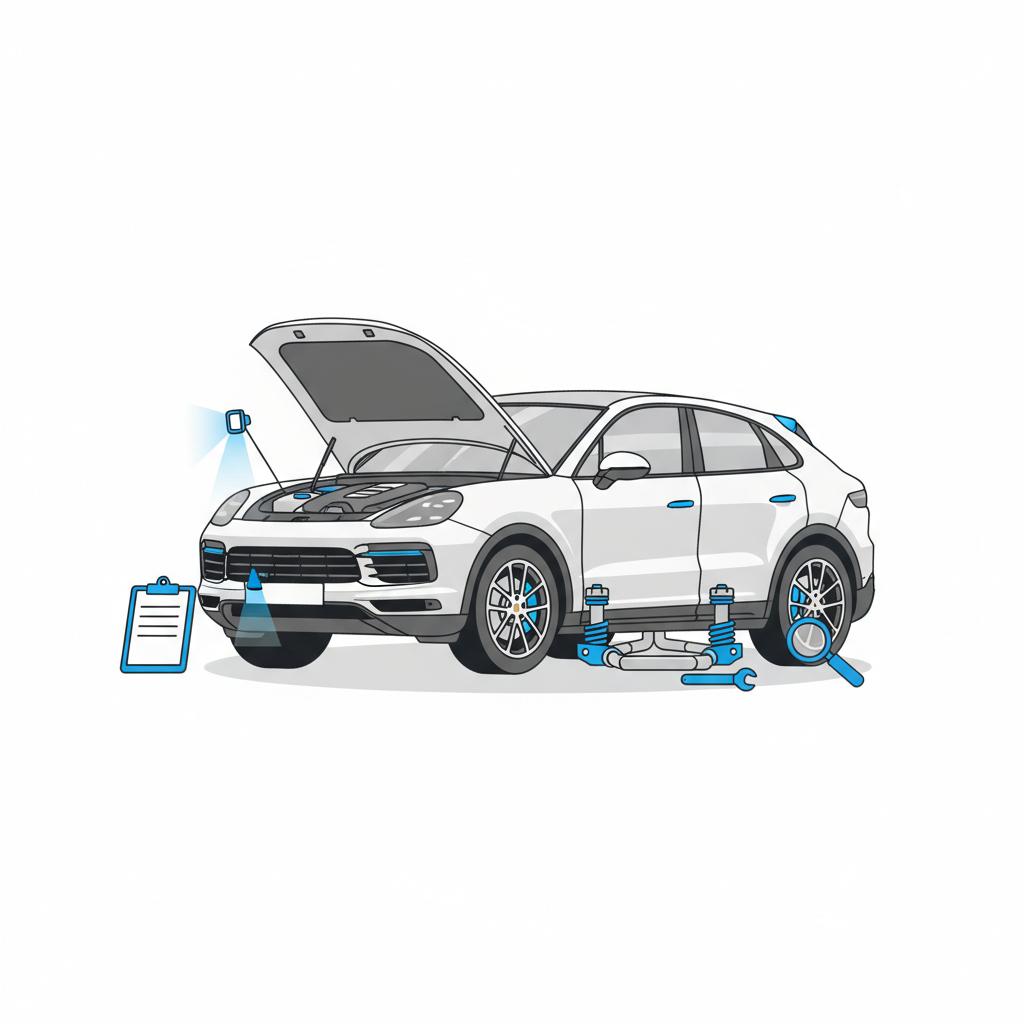 Minimalist 2D vector of a Cayenne style SUV engine bay and undercarriage during a pre purchase inspection with tools and lamp no people porsche cayenne price
