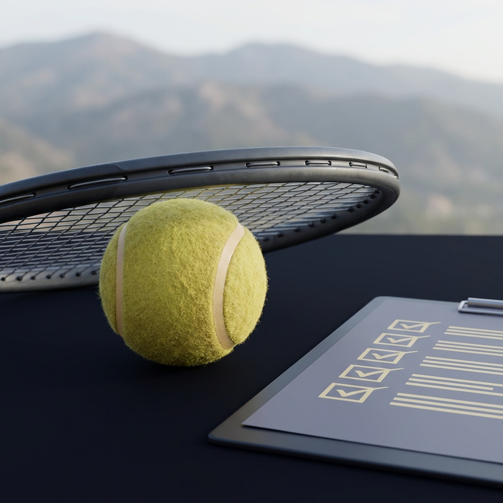 Close up of a tennis ball and racket with a mountainous backdrop and a clipboard checklist illustrating How Altitude Changes Tennis Conditions in a minimalist Funded Plays brand palette