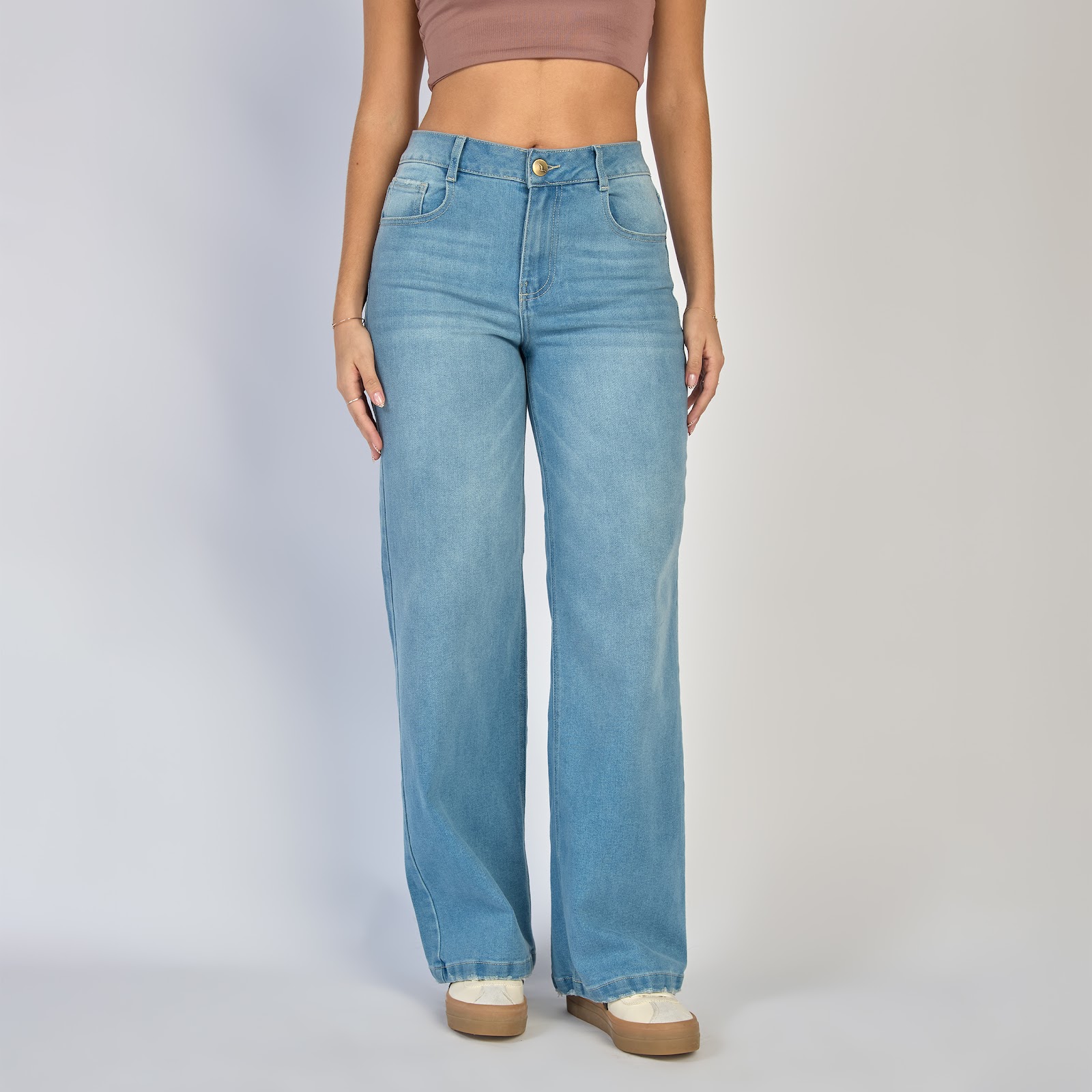 Jean wide leg tiro alto licrado con bolsillos de tapa color azul claro - Vista 5