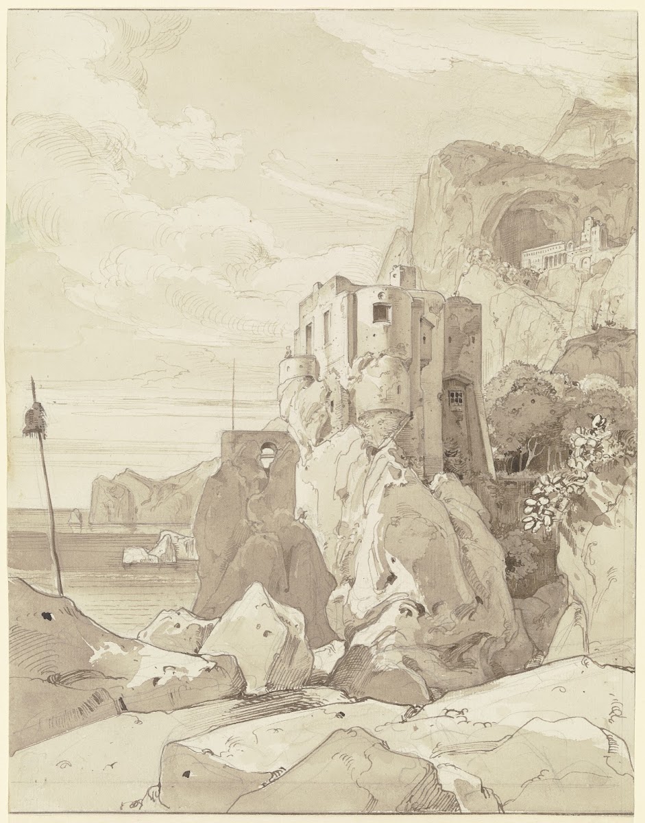 Amalfi Blick über einen Wachturm auf S Francesco ca 1826 1827