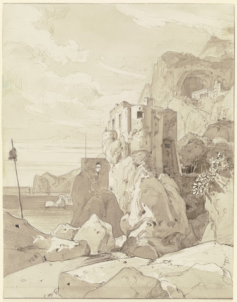 Amalfi Blick über einen Wachturm auf S Francesco ca 1826 1827