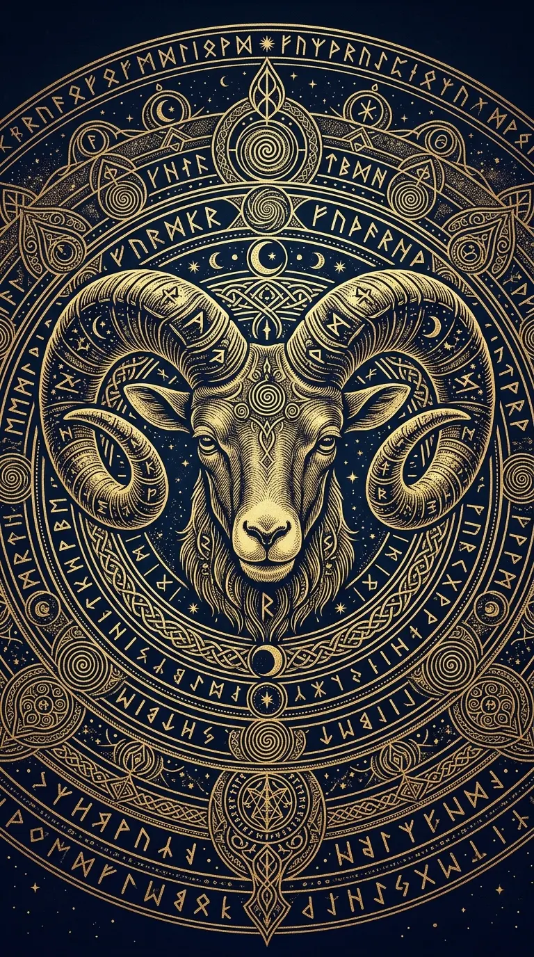 Intricate Golden Ram Head with Esoteric Symbols - Free 4K mobile Wallpaper
