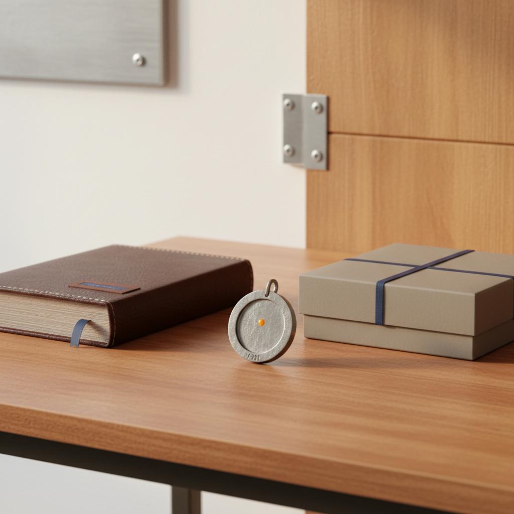 Nahaufnahme von sorgfältig verpackten abschiedsgeschenk ideen auf Holztisch: gravierter Metallanhänger, geprägtes Lederbuch und schlichte Box mit dezenten #0044CC- und #ff9800-Akzenten.