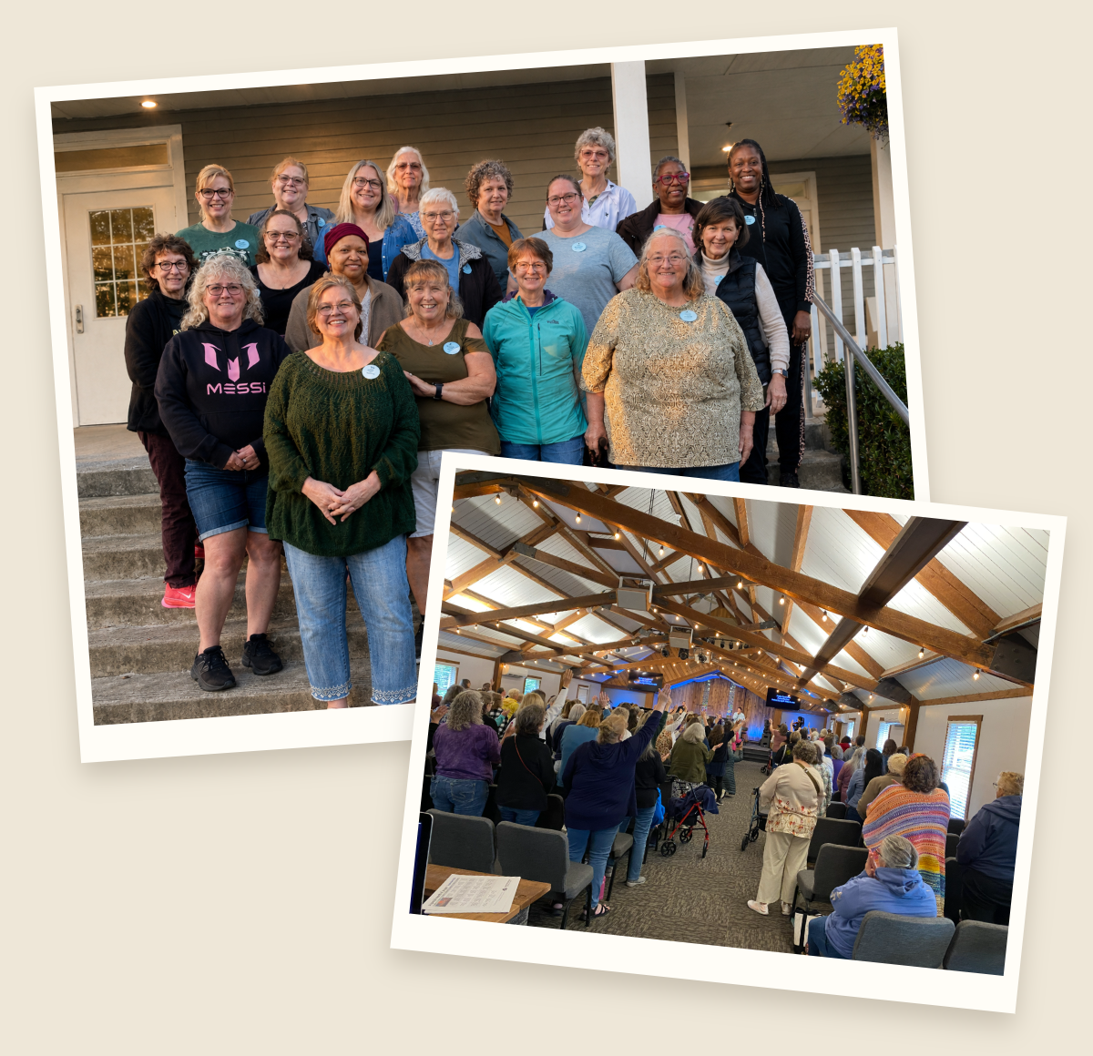 Two original women’s retreat photographs arranged as angled, overlapping prints: the group outdoors and worship together.