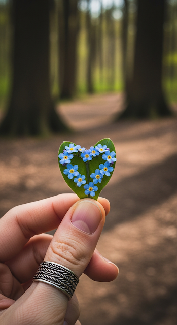 Close-up of Hand Holding Forget-Me-Not Flowers Arranged in a Heart Shape in a Forest - Free mobile Wallpaper