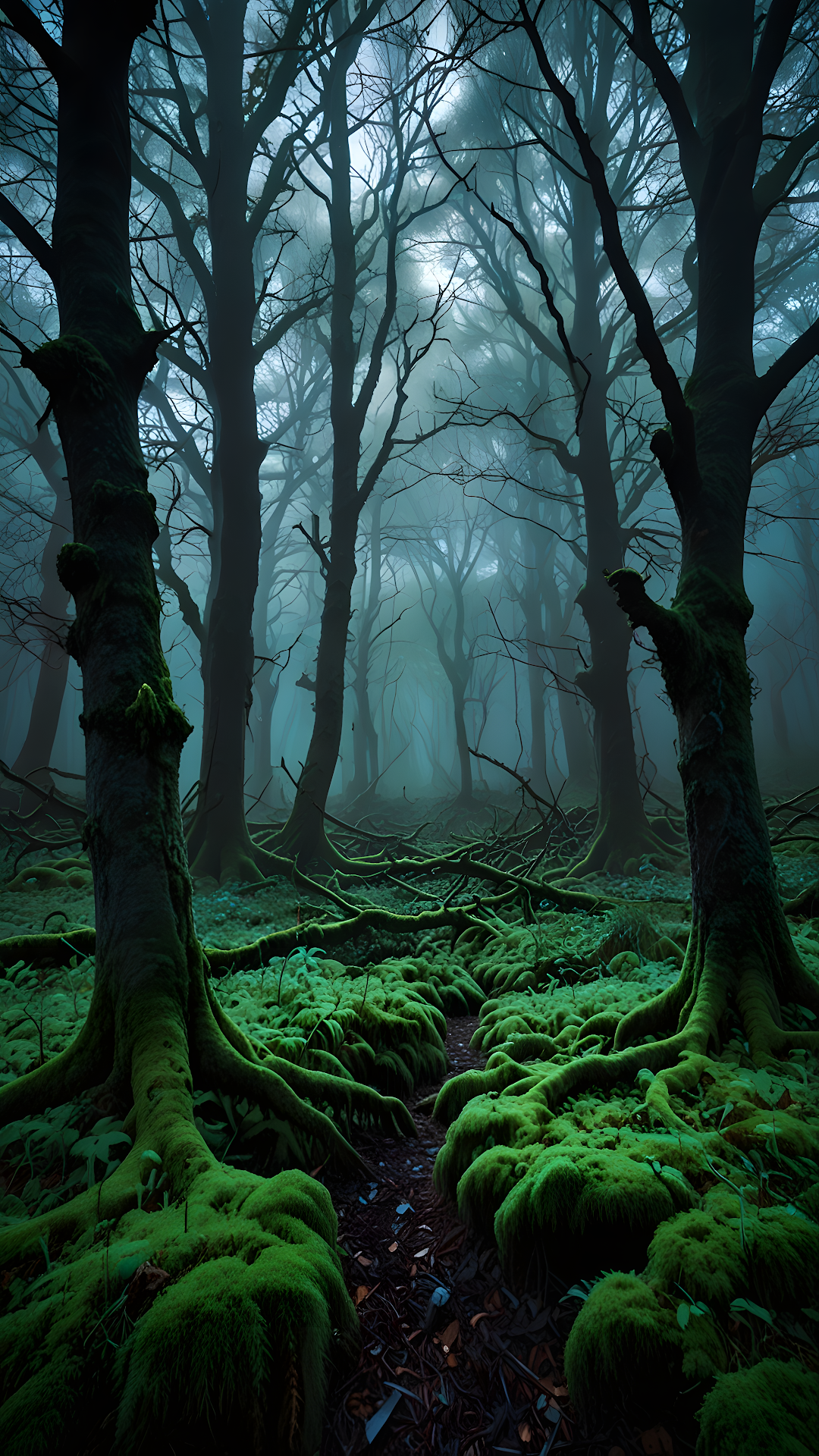 Eerie Moss-Covered Forest Path in Deep Fog - Free 4K mobile Wallpaper