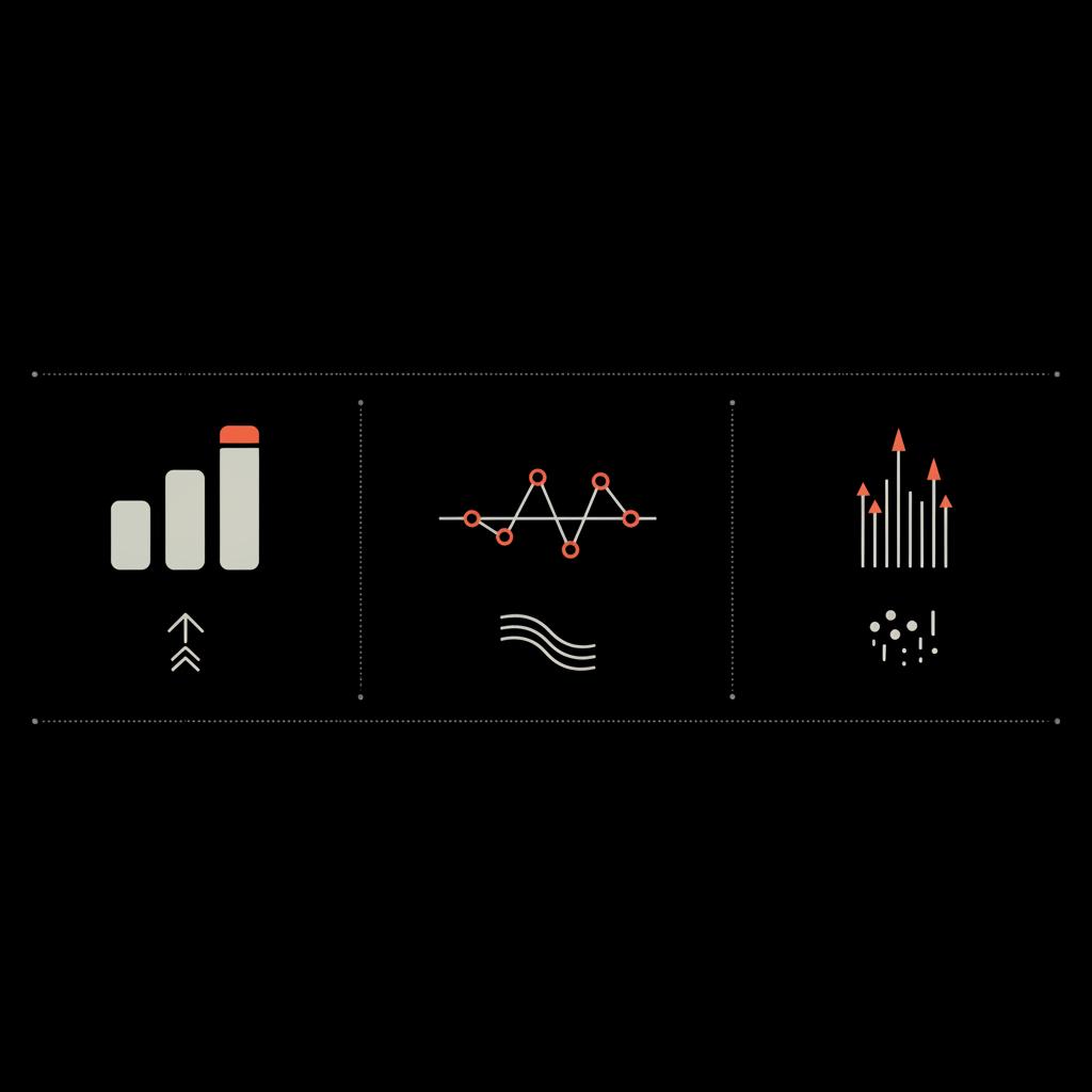 Minimal 2D vector infographic on black showing bars, sparkline and mention spikes as icons representing follower growth, view velocity, and mention spikes for trending people on social media