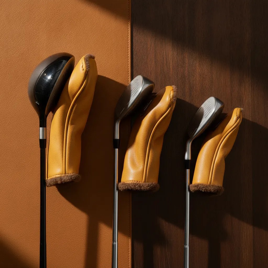 golf headcover sets with matching driver fairway and hybrid headcovers displayed side by side