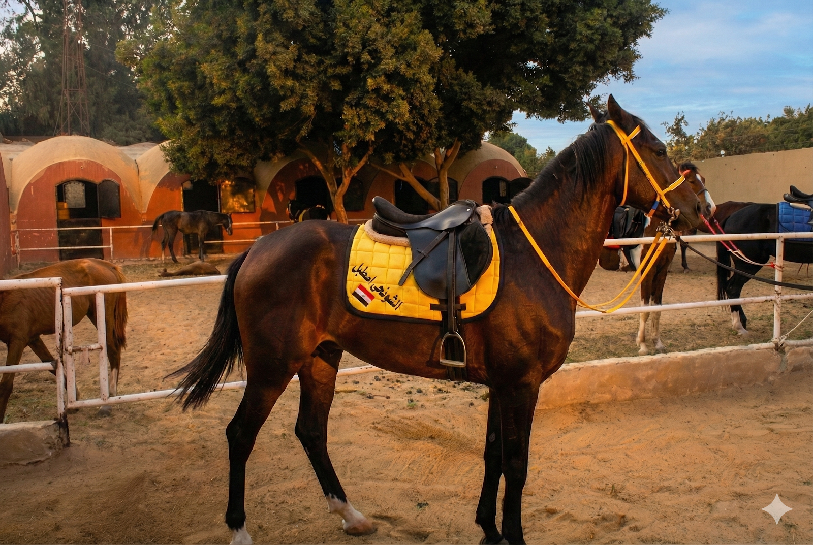 Galaxy - Horse available for riding at Kheyool El Shewkhy in Saqqara, Egypt. Behold this sleek dark bay, defined by his glossy coat and white socks. Standing