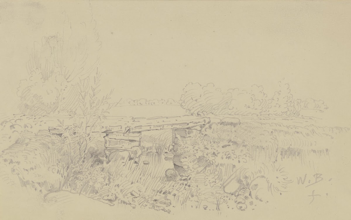 Steinbrücke in weiter Landschaft ca 1865